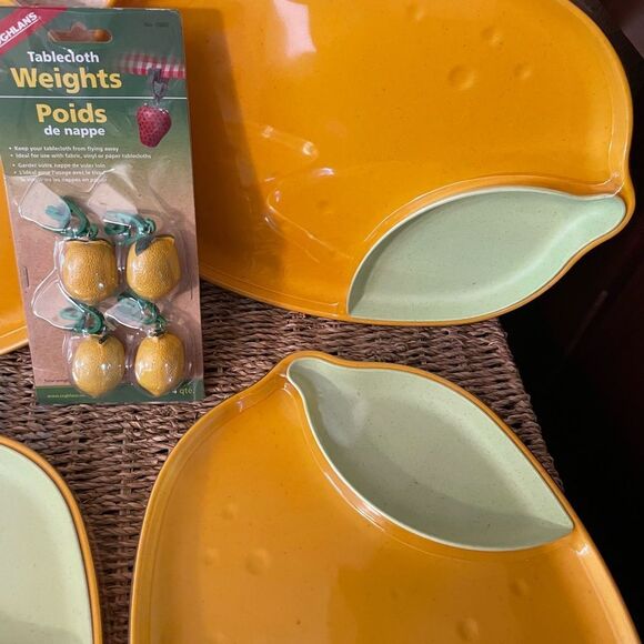 Bamboo Melamine Lemon Plate Green Leaf Side Dish & Lemon Weighted Tablecloth set - Picture 5 of 13